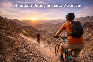 Mountain biking trail at Hatta Wadi Hub with riders on rocky mountain terrain