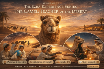 Large camel portrait at sunset surrounded by desert family scenes representing patience and endurance
