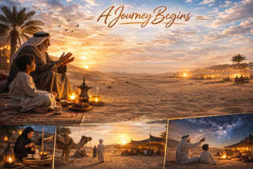 Bedouin elder and child watching desert sunset with Arabic coffee and lanterns at Ezba camp