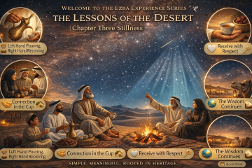 Bedouin family sharing Arabic coffee around a desert campfire under a star-filled sky