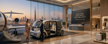 private jet arrival with chauffeur service and luxury electric vehicle in Dubai skyline