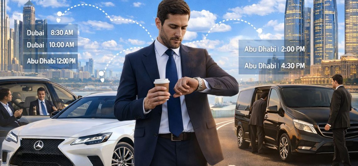 Business executive managing multiple meetings across Dubai and Abu Dhabi with luxury chauffeur vehicles and corporate transport services