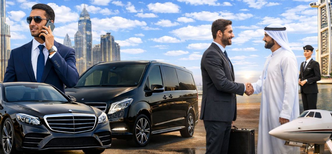 Luxury executive travel in UAE with chauffeur-driven cars, business professionals meeting, private jet, and Dubai skyline background