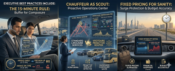 business travelers in chauffeur car using time buffer strategy and fixed pricing dashboard for corporate transport