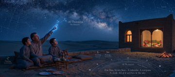 Emirati father teaching his sons about Al Thurayya (Pleiades) under a star-filled desert sky beside traditional home