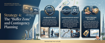 infographic showing executive travel strategy in UAE including buffer time rule chauffeur monitoring and fixed pricing transport