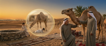 Multigenerational Emirati family seated around a desert fire at dusk with camels in the background