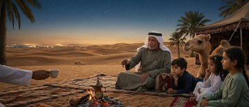 Elder Emirati man telling stories to children beside a campfire in the desert at night