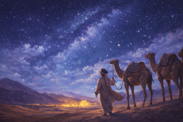 Bedouin traveler leading camels under star-filled sky toward glowing desert town