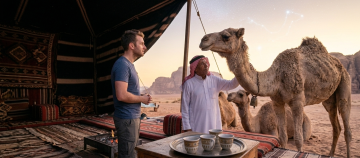 Emirati Bedouin elder introducing a guest to a camel at a traditional desert camp in Abu Dhabi