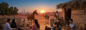 Bedouin host sharing stories with guests at sunset desert camp with camels and falcon