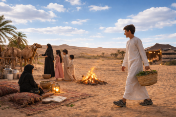Young Emirati boy in white kandura carrying herbs across desert camp with family and camels under blue sky