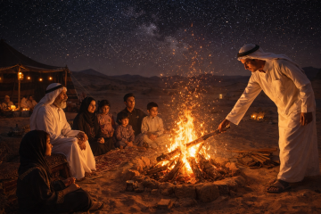 Emirati elder telling stories to children around a desert campfire at night