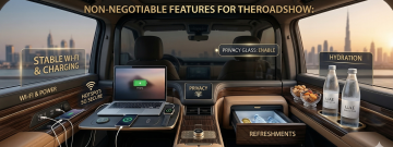 luxury car interior with wifi charging laptop refreshments and privacy glass for business travel