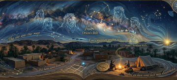 Illustrated desert night scene with constellations, Orion’s Belt, Arabic star names, Bedouin figures, camels, and a campfire showing traditional celestial navigation.