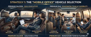 luxury sedan and premium SUV interiors showing business professionals working during travel