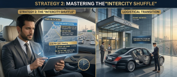 executive working on tablet inside luxury car with schedule and ADGM meeting logistics displayed