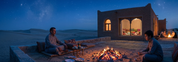 Father and son sitting quietly by desert campfire at night with traditional home and family in background