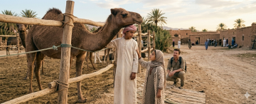 Young Emirati boy in traditional clothing standing beside a camel while a girl gently touches his arm
