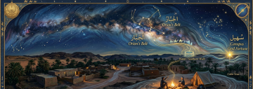 Panoramic desert village under the Milky Way with labeled constellations Orion’s Belt and Canopus, glowing star paths leading to water wells and a campfire scene.