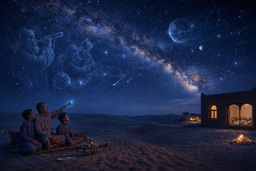 Father and two boys pointing at the Milky Way in the desert with faint ancestral astronomer figures blended into the night sky