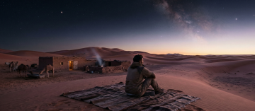 Man sitting on a blanket watching sunrise over sand dunes near a desert farm