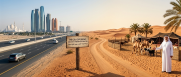 Highway from Abu Dhabi leading into desert Ezba farm with camels and traditional Bedouin camp