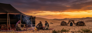 Guests sitting around a campfire at sunset in Abu Dhabi desert with camels resting near a Bedouin tent