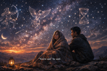 Couple sitting together under Milky Way in desert at twilight with lantern