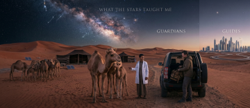 Bedouin guide standing with camels beside a 4x4 vehicle in the desert at twilight