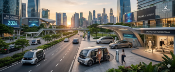 futuristic electric vehicles and smart mobility hub in modern city with EV charging stations