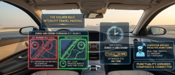 car dashboard showing travel time buffer between Dubai and Abu Dhabi highways E11 and E611