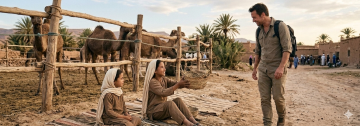 Young Emirati girls offering a woven palm basket to a visitor near camels at a traditional desert farm