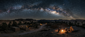Desert village at night under a bright Milky Way with two people sitting by a campfire near a tent