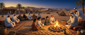 Young Emirati man adding wood to a campfire as family watches in the desert at night