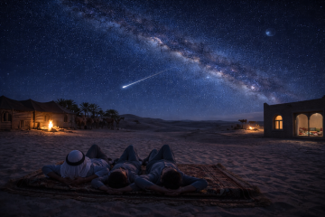 Three people lying on a carpet in the desert watching a bright shooting star streak across the Milky Way above a traditional desert camp at night.