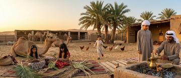 Young girls weaving palm leaves into baskets at a traditional desert farm with camels and palm trees
