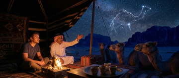 Bedouin elder pointing to camel-shaped constellation above desert campfire at night
