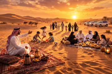 Emirati family gathered in the desert at sunset sharing food and time together near camp and camels