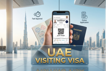 UAE visiting visa online application on smartphone with passport and Dubai skyline Burj Khalifa
