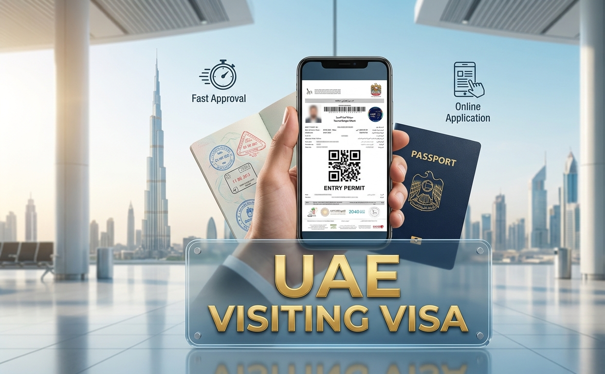UAE visiting visa online application on smartphone with passport and Dubai skyline Burj Khalifa