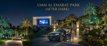 Umm Al Emarat Park at night with illuminated pathways outdoor cinema and luxury chauffeur arrival