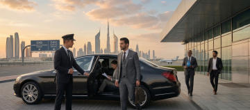 chauffeur opening luxury car door for businessman in Dubai with Burj Khalifa skyline