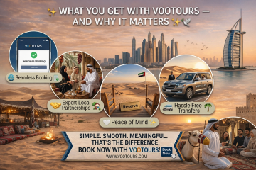 VooTours infographic highlighting seamless booking, expert local partnerships, hassle-free transfers and curated desert experiences in UAE