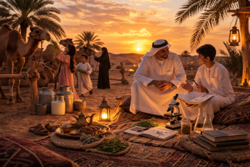 Emirati father and son studying plants and camel milk at sunset in the desert