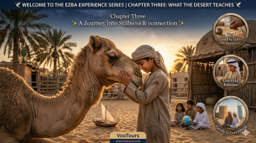 Bedouin child gently touching a camel at sunset in traditional desert village during Ezba cultural experience