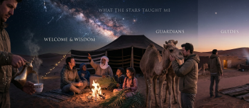Family gathered around desert campfire while Bedouin elder points at constellations