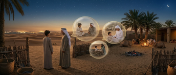 Emirati father and son standing on desert dunes at dusk with symbolic scenes of generational teaching