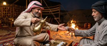 Bedouin man pouring Arabic coffee with left hand while extending right hand to guest beside campfire