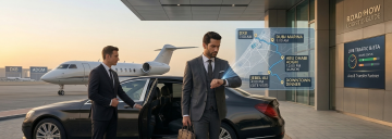 business executive checking time beside luxury car with private jet and mapped itinerary across Dubai and Abu Dhabi